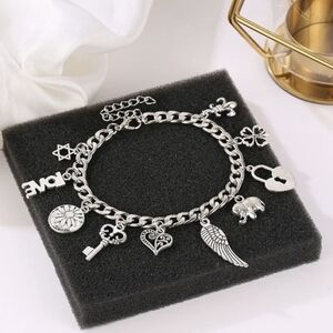 LossTower Vintage Silver Color DIY Elephant Heart Lock Key Bangle